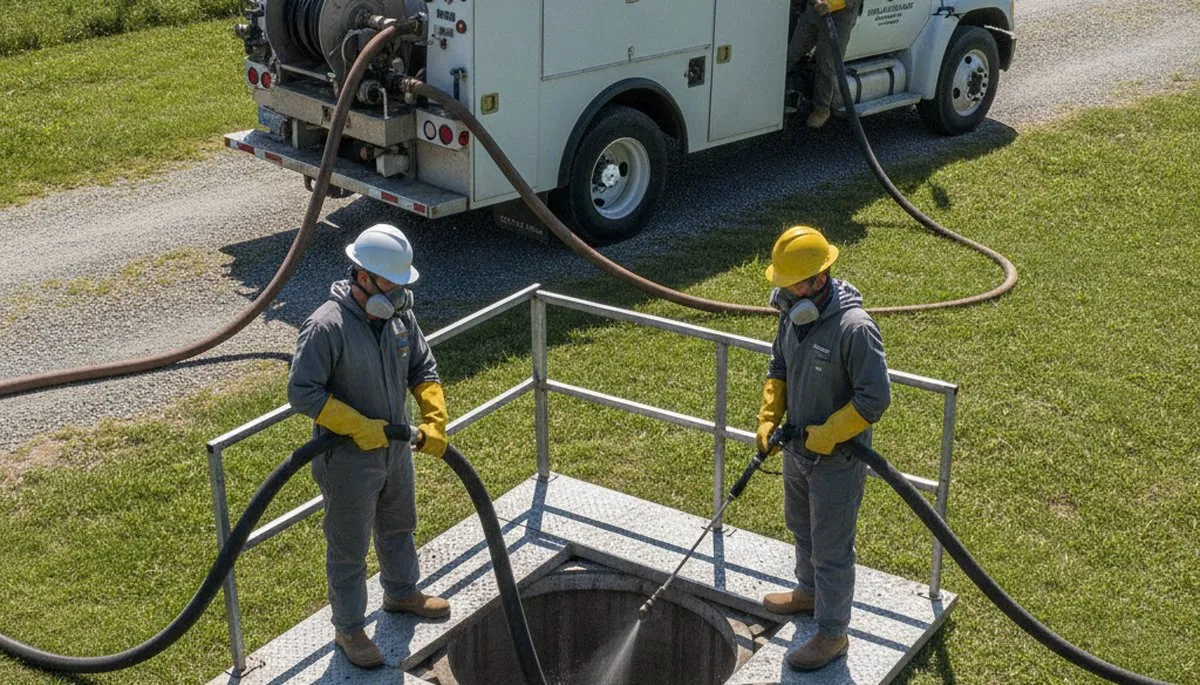 Durham, NC plumber cleaning a residential septic tank for reliable sewer maintenance