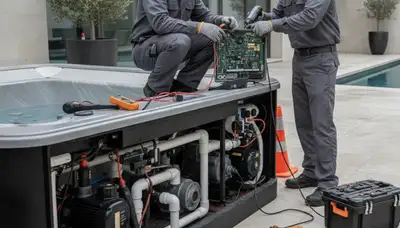Durham, NC spa repair technician servicing a home spa for reliable plumbing maintenance